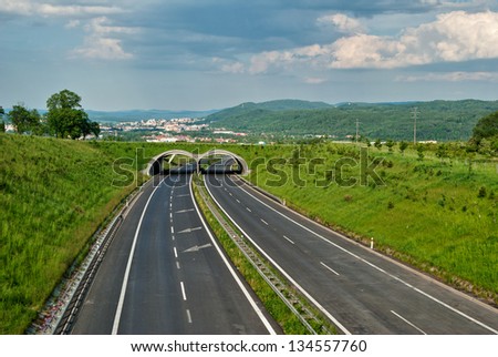 Empty asphalt highway with eco-duct for the Animals, the distant city of Carlsbad, storm clouds in parallel with the prospect of road
