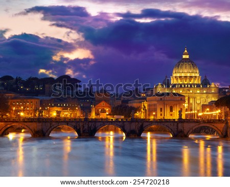 Basilica St. Peter in Rome, Italy. Night view after sunset
