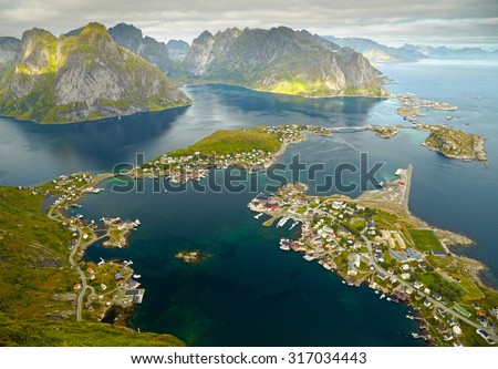 Reine, Norway. Fishing village in Moskenesoya island. Aerial view from Reinebringen hiking trail