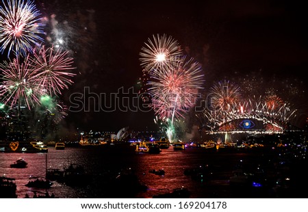 SYDNEY, AUSTRALIA - 1 JAN 2014 - New Year celebrations and fireworks in Sydney Harbour area