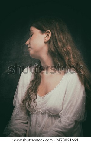 Similar – Image, Stock Photo woman with melancholic attitude and rose petal