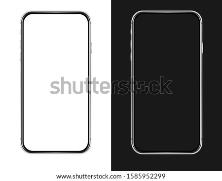 Isolated empty cell phone mockup. Silver phone on the dark background. Silver phone on the white background.