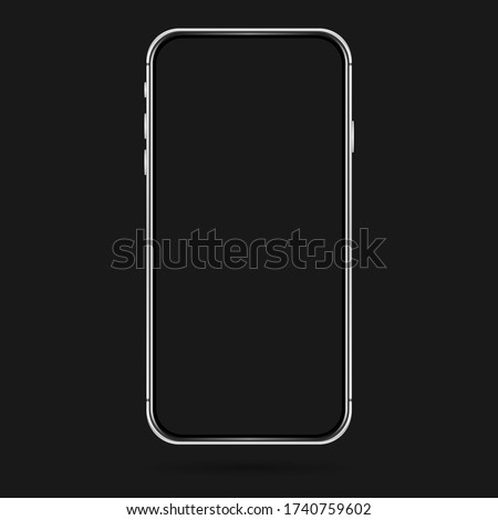 Isolated empty cell phone mockup. Silver phone on the dark background. Silver empty phone on the black background.