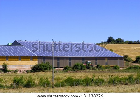 industrial cattle shed with solar panels on the roof
