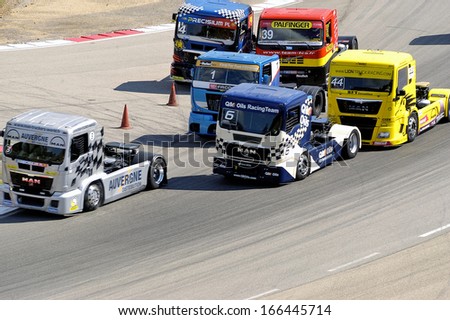 ALES, FRANCE - MAY 25: Grand Prix trucks on the circuit mechanical pole.  Scramble the start of the race the battle is fierce between drivers, may 25, 2013