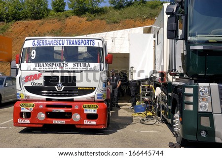 ALES, FRANCE - MAY 25: Grand Prix trucks on the circuit mechanical pole. Stephane Languillat truck parked on its stand, may 25, 2013