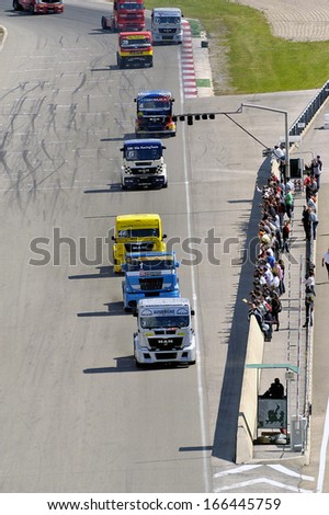 ALES, FRANCE - MAY 25: Grand Prix trucks on the circuit mechanical pole. In the straight line is given the power, may 25, 2013