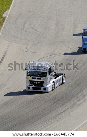 ALES, FRANCE - MAY 25: Grand Prix trucks on the circuit mechanical pole. Noel Crozier initiating the turn at full speed, may 25, 2013