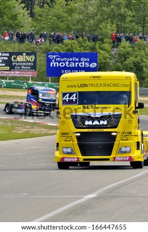 ALES, FRANCE - MAY 25: Grand Prix trucks on the circuit mechanical pole. Steffi Halm followed by Herve Crozier still in the turn, may 25, 2013