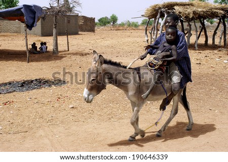KOKEMNOURE, BURKINA FASO - FEBRUARY 21: Two children walking in the village of Kokemnoure donkey in a good mood, february 21, 2007.
