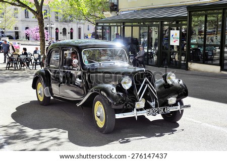 ALES, FRANCE - APRIL 11: Citroen front-wheel Drive black photographed vintage car rally Town Hall Square in the town of Ales, April 11, 2015.