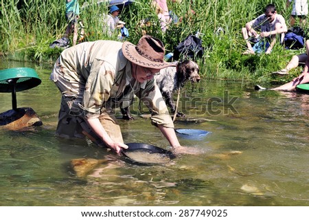 CARDET, FRANCE - MAY 24: Gold prospectors in full competition for the European Cup in France gold panning in the river Gardon located in the department of Gard, May 24, 2015.