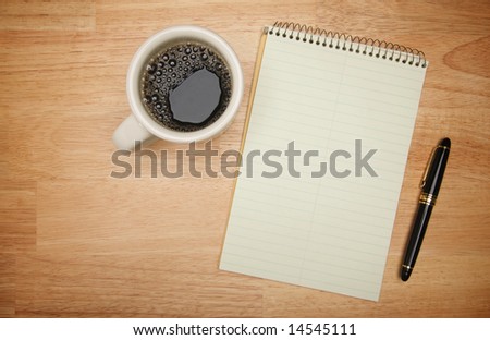 Blank Pad of Paper ready for your own text, Pen & Coffee