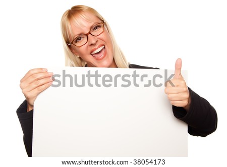 Attractive Blonde with Thumbs Up Holding Blank White Sign Isolated on a White Background.