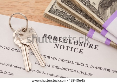 House Keys, Stack of Money and Foreclosure Notice - Cash for Keys Program.