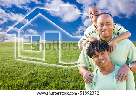 Happy African American Family Over Grass Field, Clouds, Sky and House Icon.