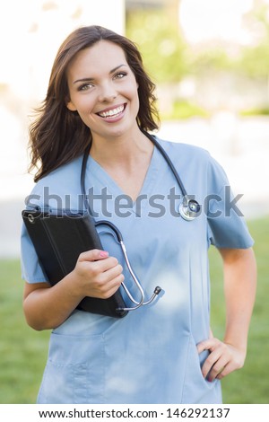 Portrait of An Attractive Young Adult Woman Doctor or Nurse Holding Touch Pad Outside.