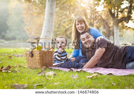 Happy Young Mixed Race Ethnic Family Having a Picnic and Playing In The Park.