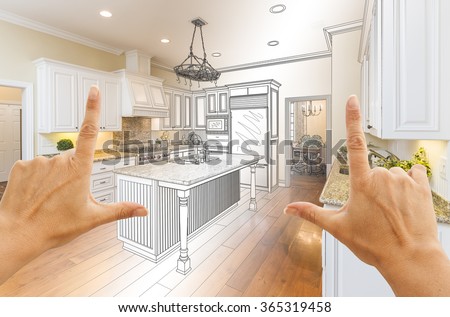 Female Hands Framing Gradated Custom Kitchen Design Drawing and Photo Combination. 商業照片 © 
