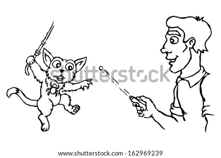 Cat plays in spider man. Human and cat . Game with laser pointer. Vector illustration.