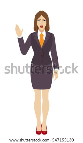 Businesswoman greeting someone with his hand raised up. Full length portrait of businesswoman in a flat style. Vector illustration.