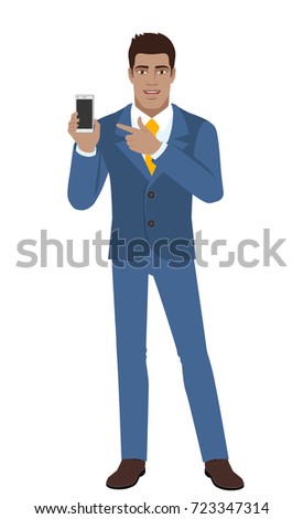 Businessman pointing at a mobile phone. Full length portrait of Black Business Man in a flat style. Vector illustration.