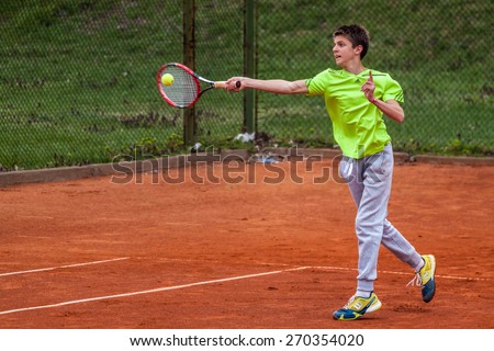PAZARDZHIK, BULGARIA - APRIL 05, 2015 - Tennis tournament for children till 14 years of age - 05 April 2015. The competition was held on Pazardzhik tennis club courts.