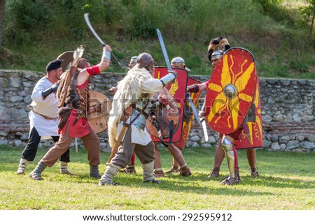 HISARYA, BULGARIA - MAY 30, 2015 - Ancient Festival recreating various episodes of the daily routine of Tracians and Romans. Demonstrations of military techniques, slave market, ancient martial arts.