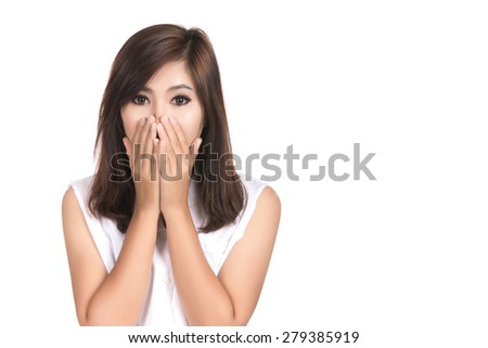 Happy surprised excited woman covering with hands her mouth with blank copyspace,Closeup portrait beautiful Asian woman,Thai girl,Positive human emotion facial expression,isolated on white background