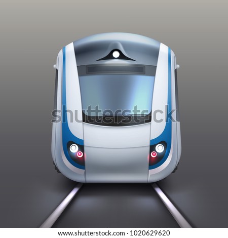 Vector illustration of front wagon of an electric train or subway. Isolated on gray background, front view