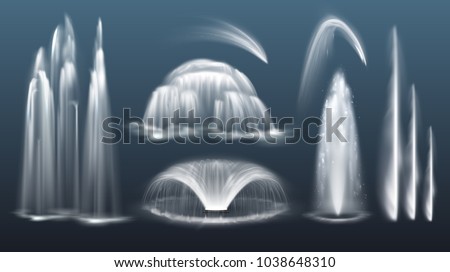 Vector set of realistic water waterfalls, geysers, fountains and single splash or spray including cascading streams of various shape isolated on background