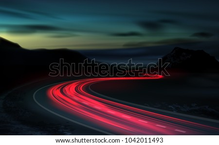 Vector image of a long-term exposure to light vehicles on a freeway against a background of colorful sunset
