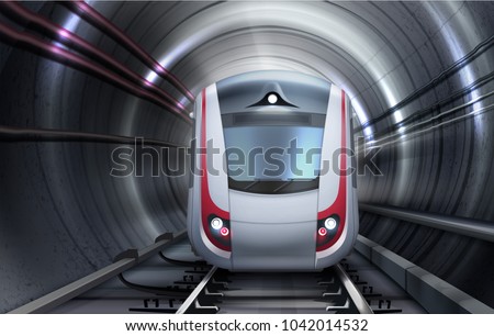 Vector illustration of train rail subway railway railroad moving in tunnel. Isolated front view