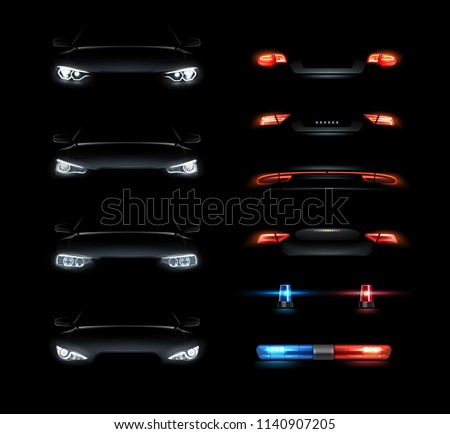 Set of realistic automotive auto car led glowing intellectual laser matrix xenon headlights front back rear lights bars vector realistic illustration isolated on dark black background