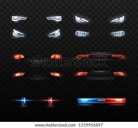 Set of realistic automotive auto car led glowing intellectual laser matrix xenon headlights front back rear lights bars vector realistic illustration isolated on dark black background