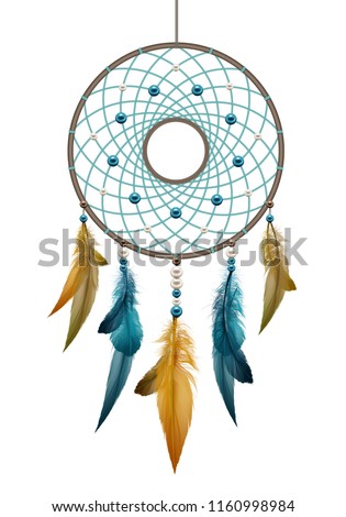 Vector realistic illustration of boho native american handmade dreamcatcher, template ethnic round talisman with feathers threads and beads rope hanging isolated on white background Foto stock © 