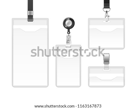Vector set of plastic badges sealed bag on lanyards, holders with metal clips, ID cards for presentation or conference visitors, press, media, office employees isolated on white background