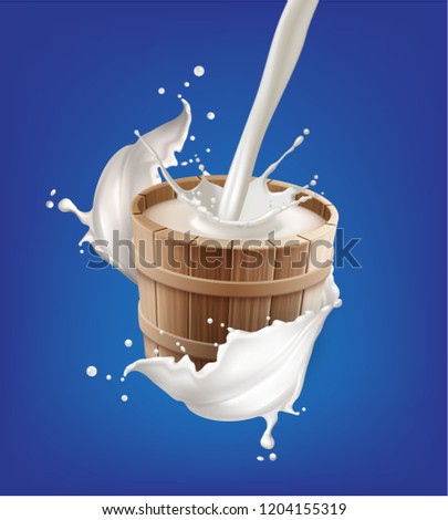 Vector realistic illustration of milk pouring into wooden pail with splash isolated on background
