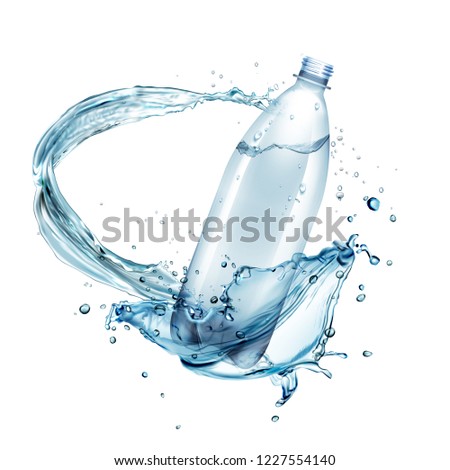 Vector realistic illustration of water splashes around plastic bottle isolated on white background