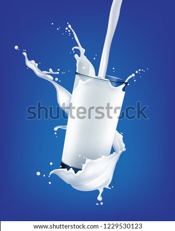 Vector illustration of realistic white milk pouring into transparent glass with splash isolated on background