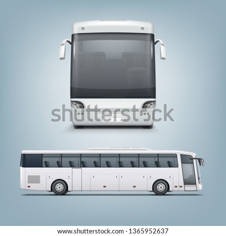 Vector realistic illustration of modern white bus with darkened windows. Passenger bus isolated on background, right side and front view