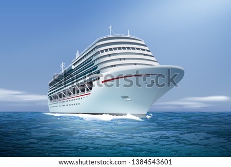 Vector realistic illustration of big white cruise ship at ocean or sea isolated on blue sky background, perspective view