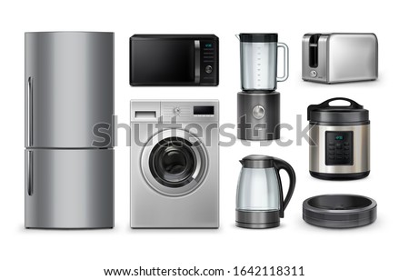 Vector realistic set of household and kitchen appliances isolated on white background. Microwave, refrigerator, washing-machine, toaster, multi-cooker, kettle, blender, robot vacuum cleaner
