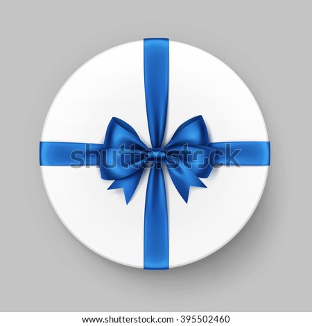 Vector White Round Gift Box with Shiny Blue Satin Bow and Ribbon Top View Close up Isolated on Background