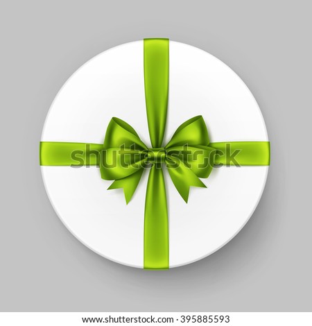 Vector White Round Gift Box with Shiny Light Green Lime Satin Bow and Ribbon Top View Close up Isolated on Background