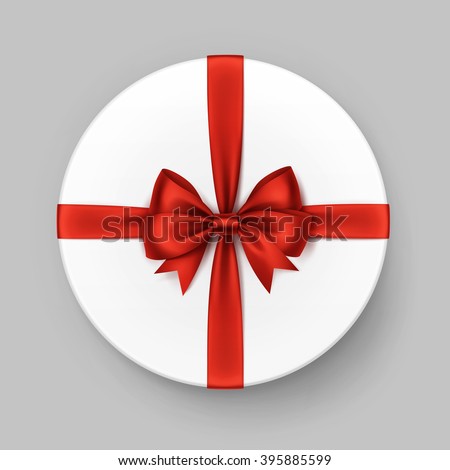 Vector White Round Gift Box with Shiny Red Satin Bow and Ribbon Top View Close up Isolated on Background