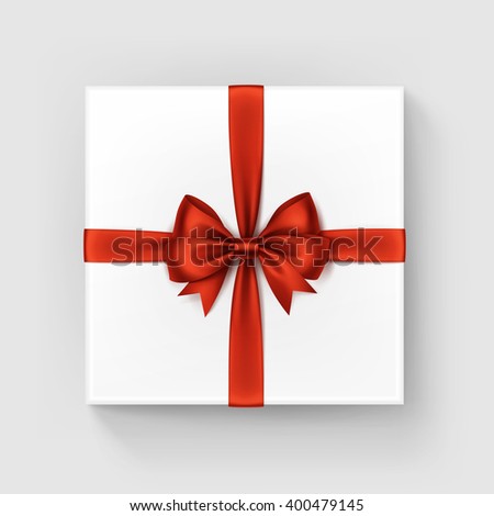 Vector White Square Gift Box with Shiny Red Satin Bow and Ribbon Top View Close up Isolated on White Background