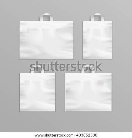 Vector Set of Different White Empty Reusable Plastic Shopping Bags with Handles for package design Close up Isolated on Background