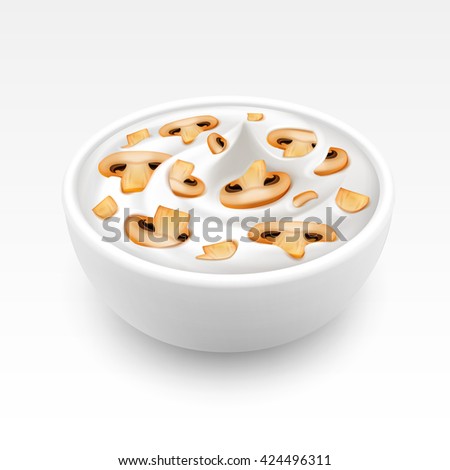 Bowl of Sour Cream Sauce Mayonnaise with Sliced Mushrooms Champignons Close up Isolated on White Background
