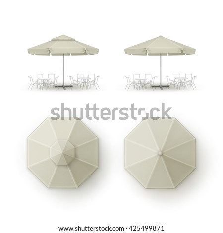 Vector Set of White Beige Blank Patio Outdoor  Market Beach Cafe Bar Pub Restaurant Round Umbrella Parasol  for Branding Top Side View Mock up Close up Isolated on Background